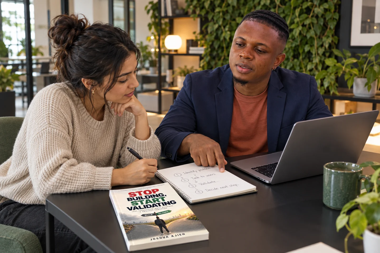 Joshua Ajieh and a woman review a laptop and journey notes, with Stop Building, Start Validating beside them.